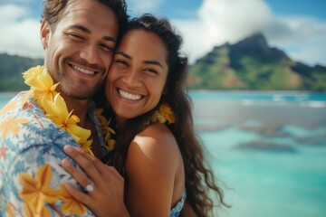 Fototapeta premium Newlyweds couple celebrate love by the ocean. Island romance and tribal culture. Portrait.