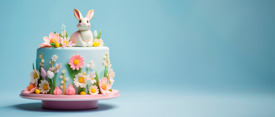 A pastel-colored cake featuring a bunny and a cascade of flowers, presenting a springtime theme perfect for celebrations.