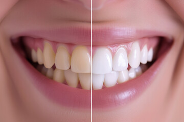 Close-up split image showing the before and after results of teeth whitening treatment; the left side displays stained yellow teeth and the right side shows a set of bright white teeth. - obrazy, fototapety, plakaty
