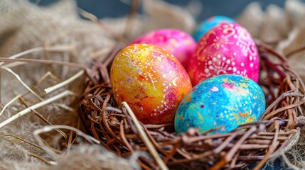  a close up of a bird's nest with three eggs painted with colors of blue, pink, yellow, and orange and speckled with speckles of speckles.