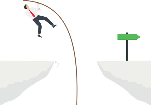 Take risks to achieve goals, follow the chosen strategy, vision for the direction of business development, achieve high results with hard work, man pole vaults over a cliff in the indicated direction.