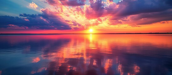 A breathtaking afterglow paints the sky as the sun sets over a tranquil lake, casting its reflection on the glistening water.