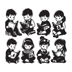 Boy & girl reading book set silhouette vector illustration.