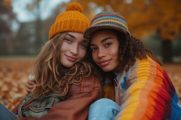 Lesbian couple. Beautiful caucasian and black woman have romantic date, at autumn
