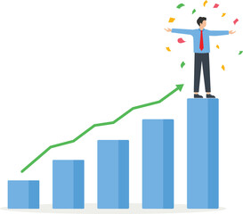 The concept of winning, achieving goals by hard work, career growth, business value increase, strategic thinking while solving complex problems, winning businessman at the top of a growing graph
