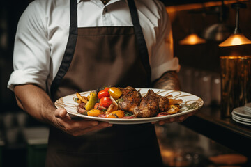 cropped view of the chef holding a plate with meat and vegetables in the restaurant