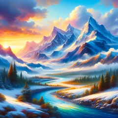 Fantasy landscape with mountain river and forest at sunset. Beautiful nature background. 