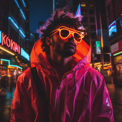 Afrofuturism: African Young Man with Neon Glasses and Futuristic Neon Elements - Generative AI