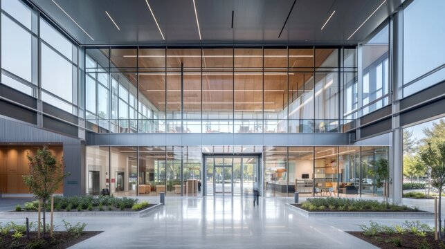 Entrance lobby in modern office building. Spacious hall, panoramic glazing, indoor plants. Contemporary architecture concept.