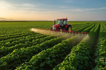 A tractor is seen spraying pesticide on an agricultural field, effectively targeting pests and protecting crop health. - obrazy, fototapety, plakaty