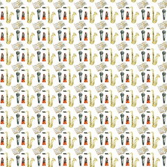 Watercolor seamless pattern with retro musical instruments