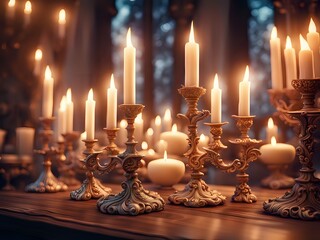 A lot of candle lights with decorative candle stand on a wooden table makes a perfect ambience for Ramadan or Eid. Copy Space.