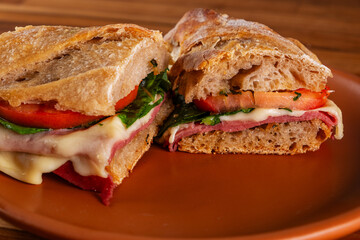 artisanal baguette sandwich with melted mozzarella, mortadella, arugula and tomato slices