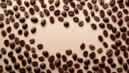 coffee beans on cream copy space background, tea, coffee shop