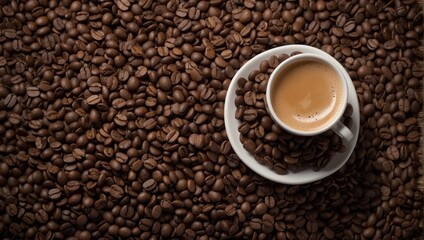 cup of coffee and coffee beans, coffee  pattern background, copy space for text, 