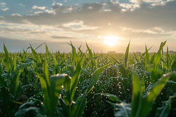 Beautiful landscape with morning sunrise over the cornfield. Close-up of corn seedlings on vast farm field. Modern agriculture concept. - obrazy, fototapety, plakaty