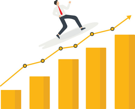 Follow a business trend or momentum, overcome difficulties, a businessman surfs or rides a board in the direction of success. Growth graph of the stock market, investment market, capital market
