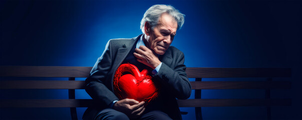 An elderly man holding a heart, sitting alone on a bench against a blue backdrop, evokes feelings of love, memory, solitude, and reflection. - obrazy, fototapety, plakaty