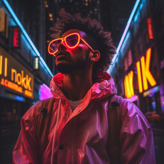 Fototapeta na wymiar Afrofuturism: African Young Man with Neon Glasses and Futuristic Neon Elements - Generative AI
