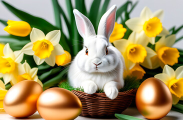 A white fluffy Easter rabbit sits in a basket, gold eggs and flowers daffodils.