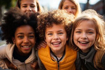 A diverse group of children hugging and smiling together, radiating happiness and friendship.