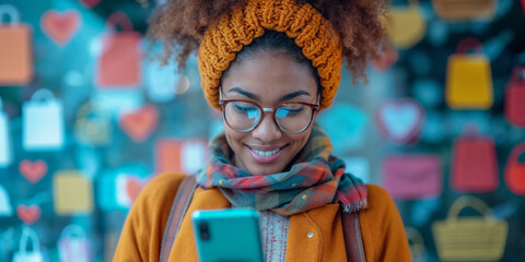 A woman engrossed in her smartphone is surrounded by colorful social media and shopping icons.