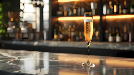 Elegant Champagne Flute on a Glossy Bar Counter - obrazy, fototapety, plakaty