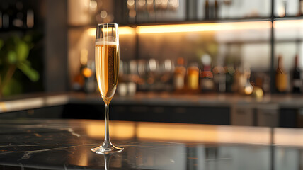 Elegant Champagne Flute on a Glossy Bar Counter