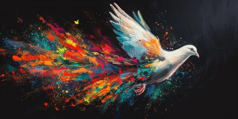 Fotobehang a colorful painting of a dove flying over a black background Generative AI © SKIMP Art