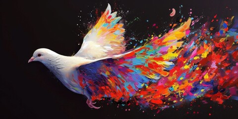 a colorful painting of a dove flying over a black background Generative AI - obrazy, fototapety, plakaty