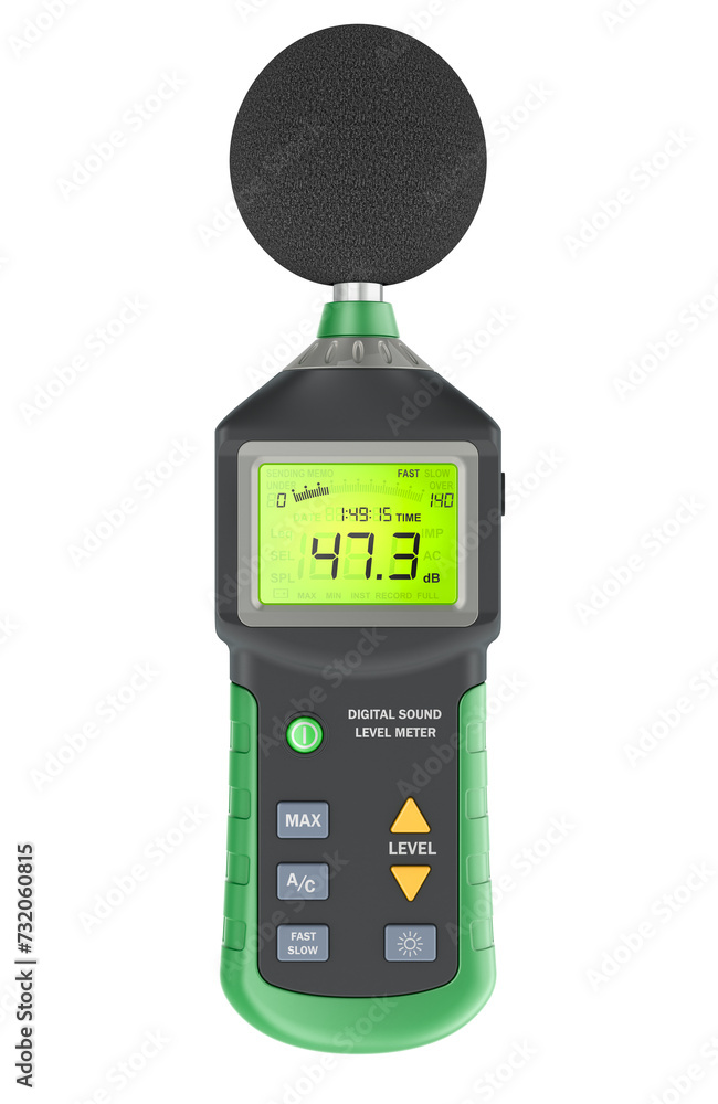 Poster digital sound level meter, decibel meter. 3d rendering isolated on transparent background