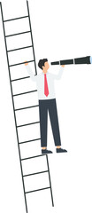 Businessman climbs the ladder and looks into the distance with a telescope
