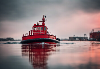 Red tug boat on water