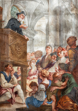 GENOVA, ITALY - MARCH 8, 2023: The fresco of St. Philip Neri at the sermon in the church Chiesa di san Filippo Neri by Marcantonio Franceschini (1648 – 1729).