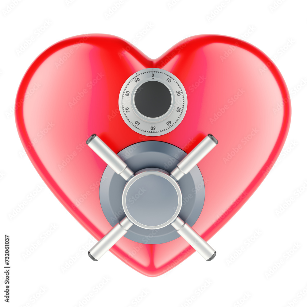 Poster red heart with safe combination lock and metal handle safe. 3d rendering isolated on transparent bac