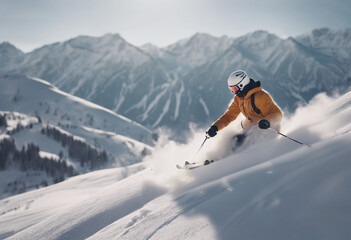 Naklejka na ściany i meble Skier rides freeride on powder snow down slope against the backdrop of the mountains