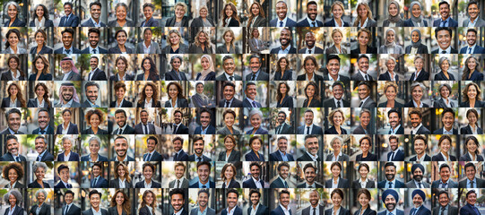 Many Headshots of a smiling business men and women of all ages, all genders and all cultures looking at the camera	