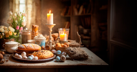 Obraz na płótnie Canvas A rustic still life of bread, eggs, and candles on a wooden table, evoking warmth, sustenance, and simplicity.