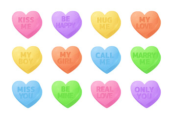 Candy hearts, Valentines day sweets for love conversation. Cute sweethearts candies with romantic text messages isolated on white background, vector cartoon illustration