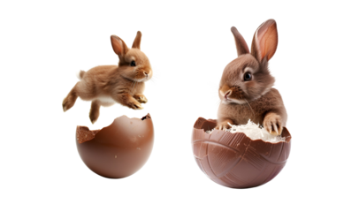 Easter Bunny Compilation: Bunny Vaulting from a Chocolate Easter Egg and Bunny Sprouting from a Chocolate Easter Egg, Rabbit, Happy Easter, Isolated on Transparent Background, PNG