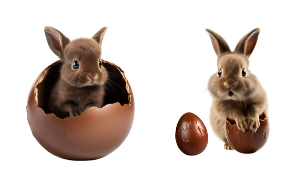 Joyful Easter Bunny Assortment: Bunny Jumping Out of a Chocolate Easter Egg and Bunny Cracking Out of a Chocolate Easter Egg, Rabbit, Isolated on Transparent Background, PNG