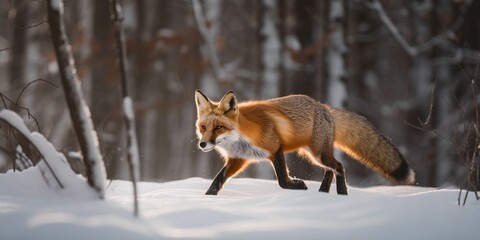 AI generated illustration of A red fox is seen walking through a snow-covered winter forest