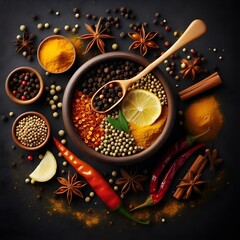 Indian spices and seasonings top view, Variety of Indian chai spices. 
