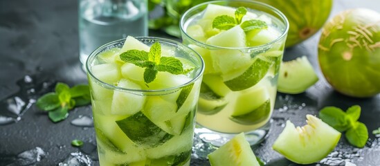 Three glasses of melon juice with ice, mint leaves, and water served on a table as a refreshing drink.