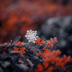 Delicate Snowflake on Vibrant Flora - A Winter's Contrast