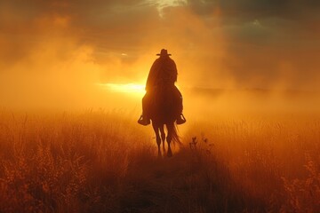 A lone figure gallops through a hazy landscape, the setting sun casting a golden glow over the vast expanse of grass and the majestic horse beneath him