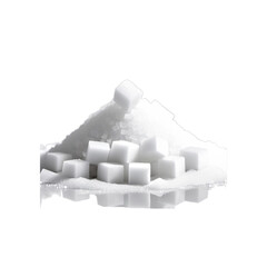 Pile of White Sugar Cubes and Granulated Sugar Isolated on a White Background