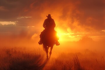 Amidst the tranquil fields, a lone rider and his faithful steed embrace the last rays of the sun, enveloped in a hazy glow of fog and grass