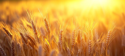 Close-up of golden wheat ears. Harvest concept. Endless wheat field on late summer morning time, backlight by the rising sun. Creative background, shallow depth of the field.