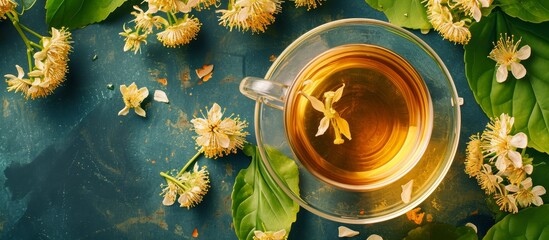 Linden tea on linden blossom background, representing herbal medicine, top view.